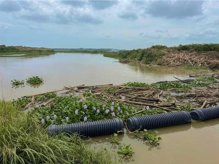 Barrera flotante reteniendo troncos y vegetación en un río