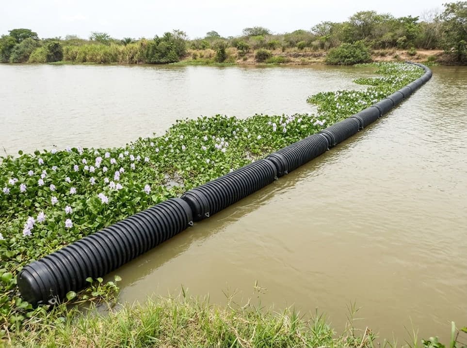 Barrera AVS-WALL desplegada en curva sobre un río, con buchón de agua acumulado en su costado